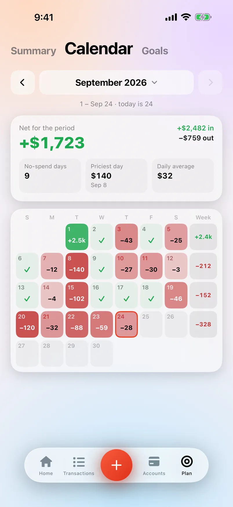 Countey’s Calendar screen with each day of the month.