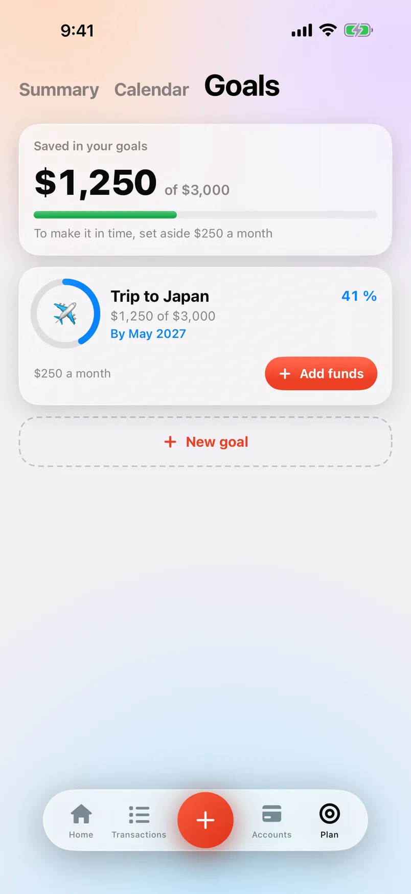 Countey’s Goals screen with a savings goal.