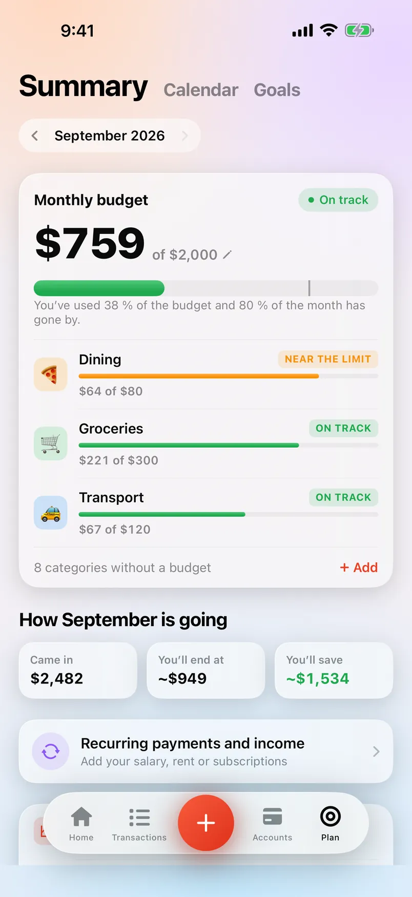 Countey’s Summary screen with the monthly budget by category.
