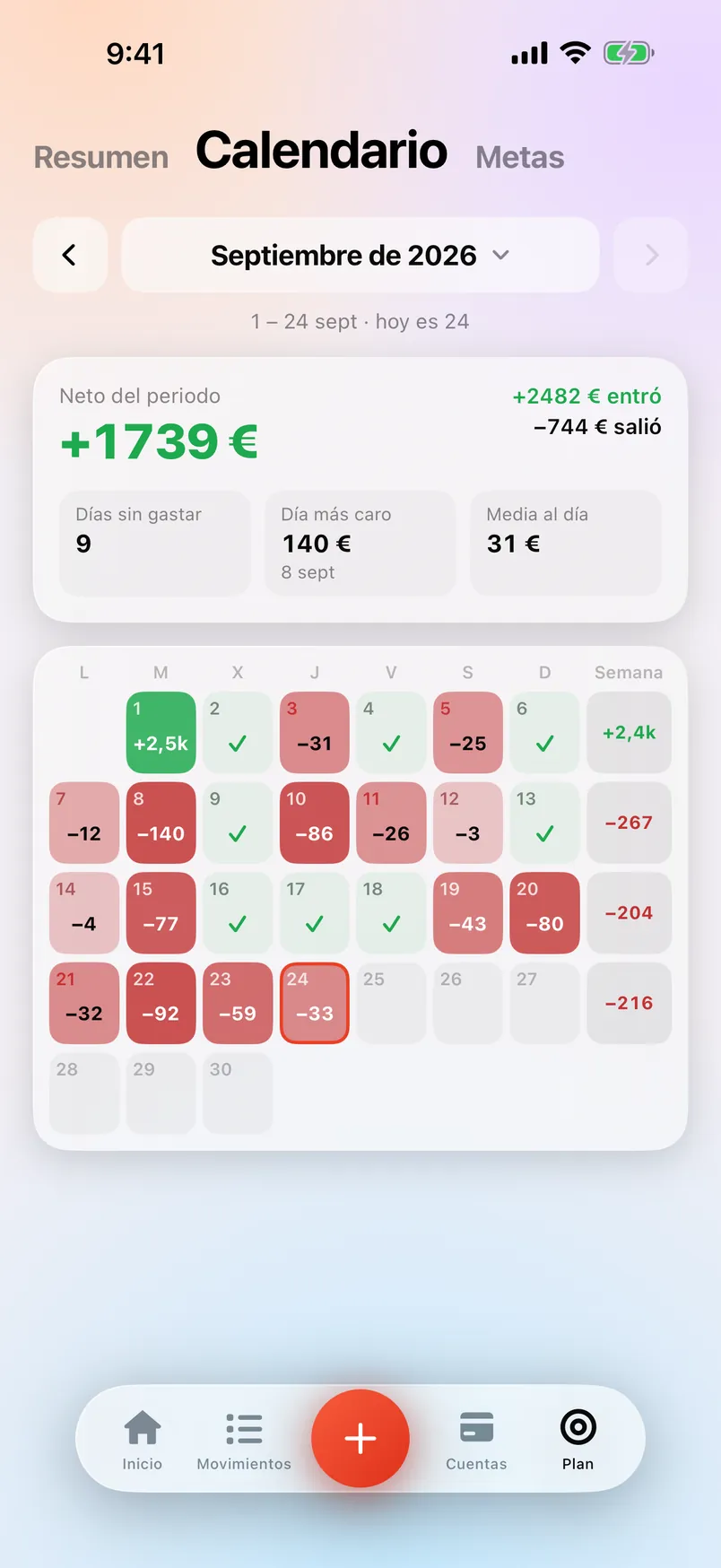 Pantalla Calendario de Countey con cada día del mes.