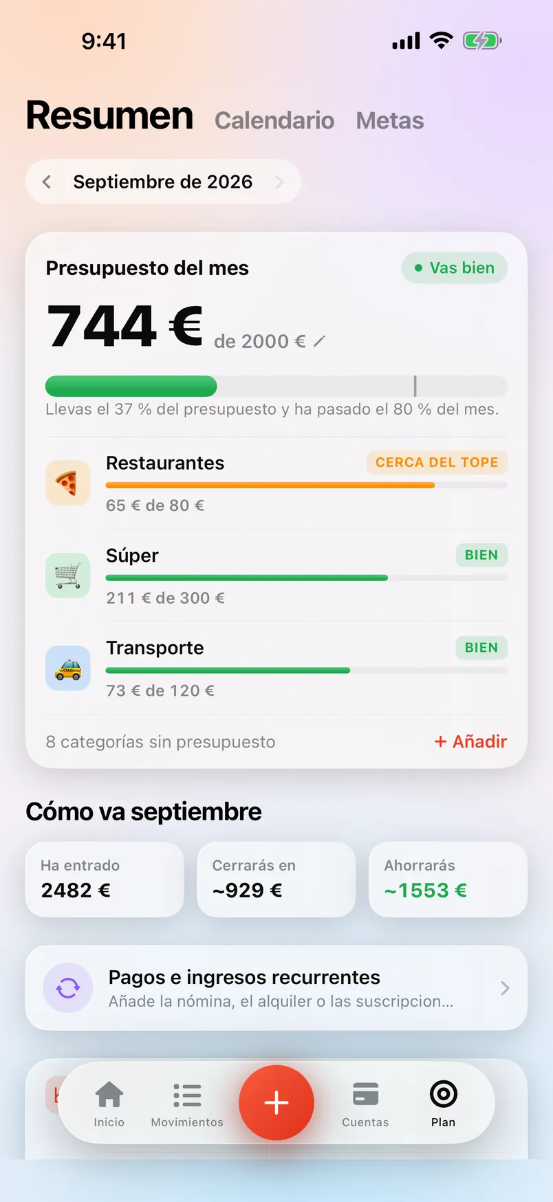 Pantalla Resumen de Countey con el presupuesto del mes por categorías.