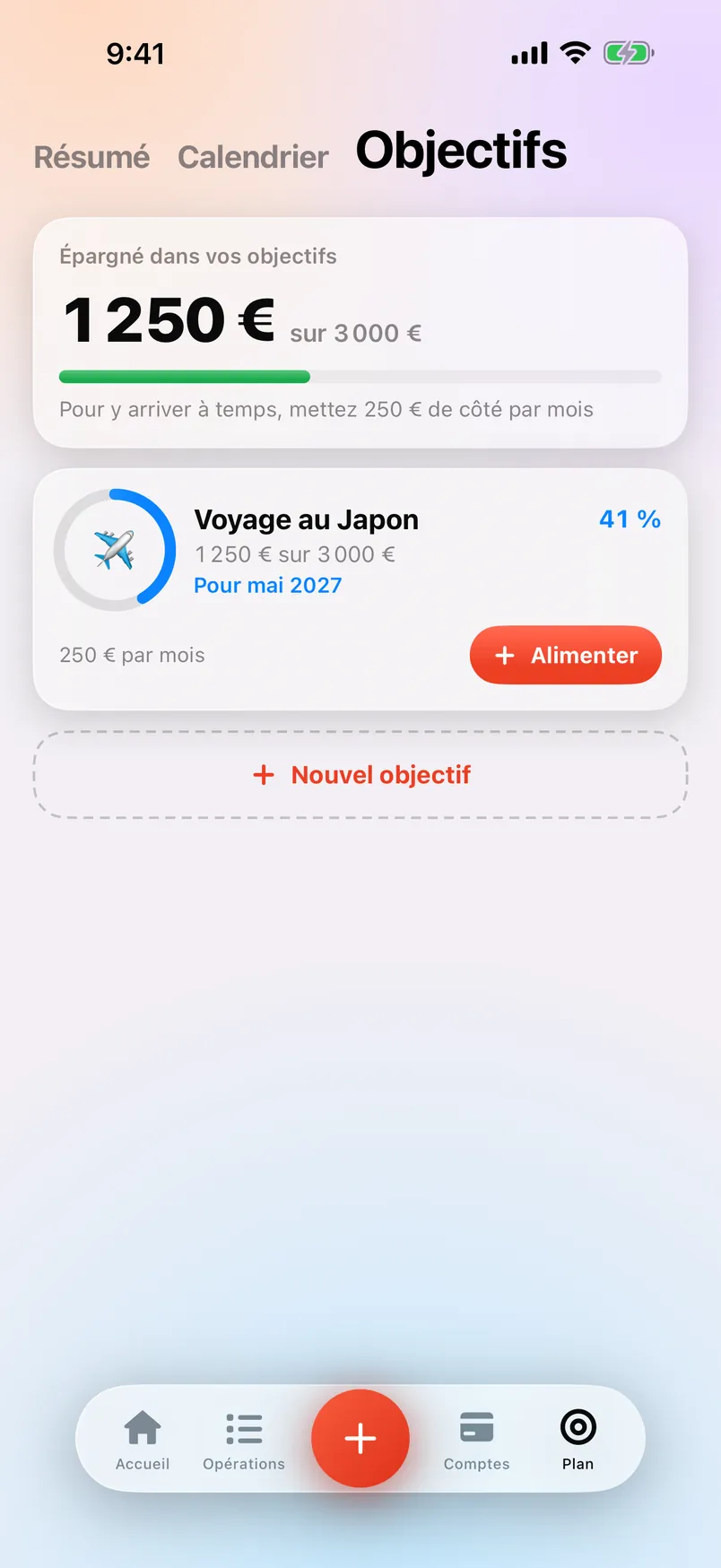 L’écran Objectifs de Countey avec un objectif d’épargne.