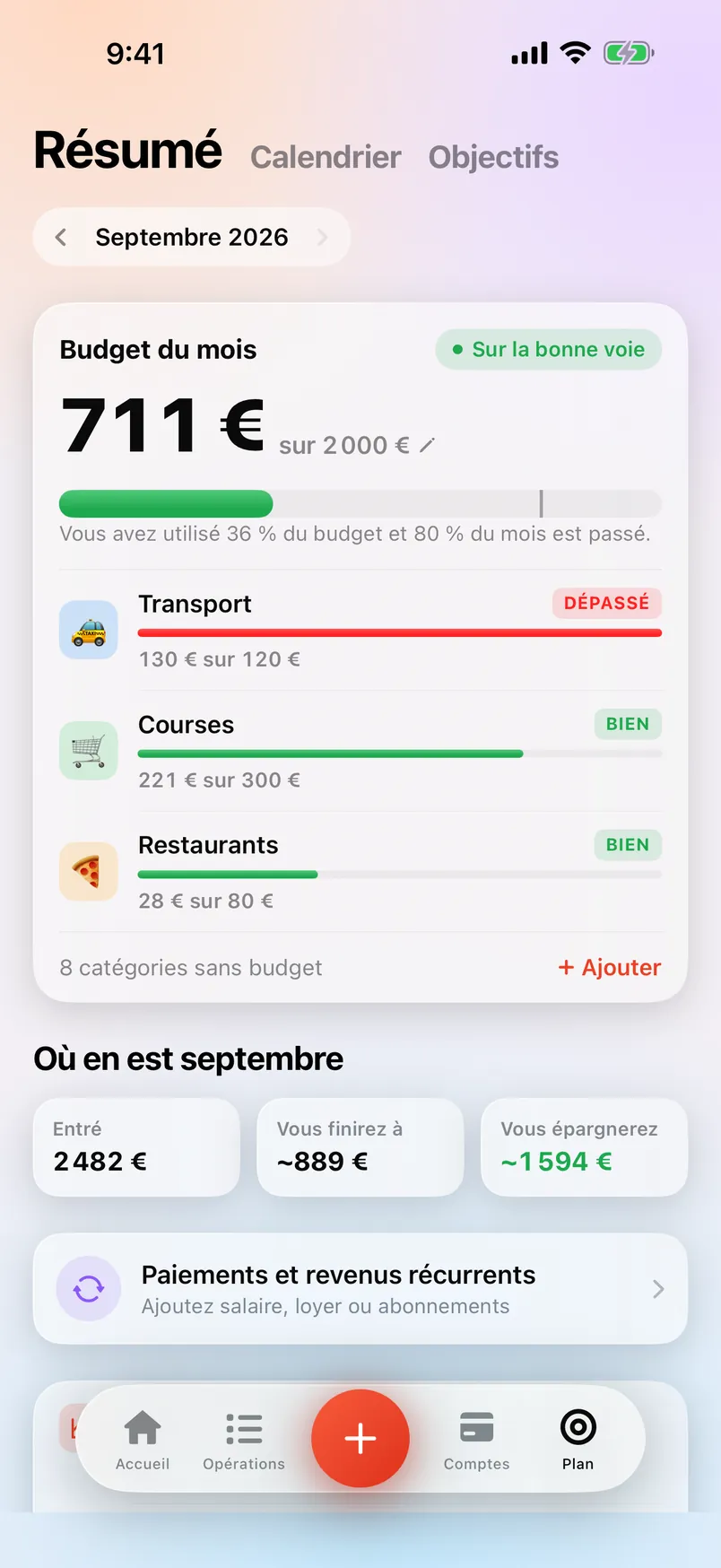 L’écran Résumé de Countey avec le budget du mois par catégorie.