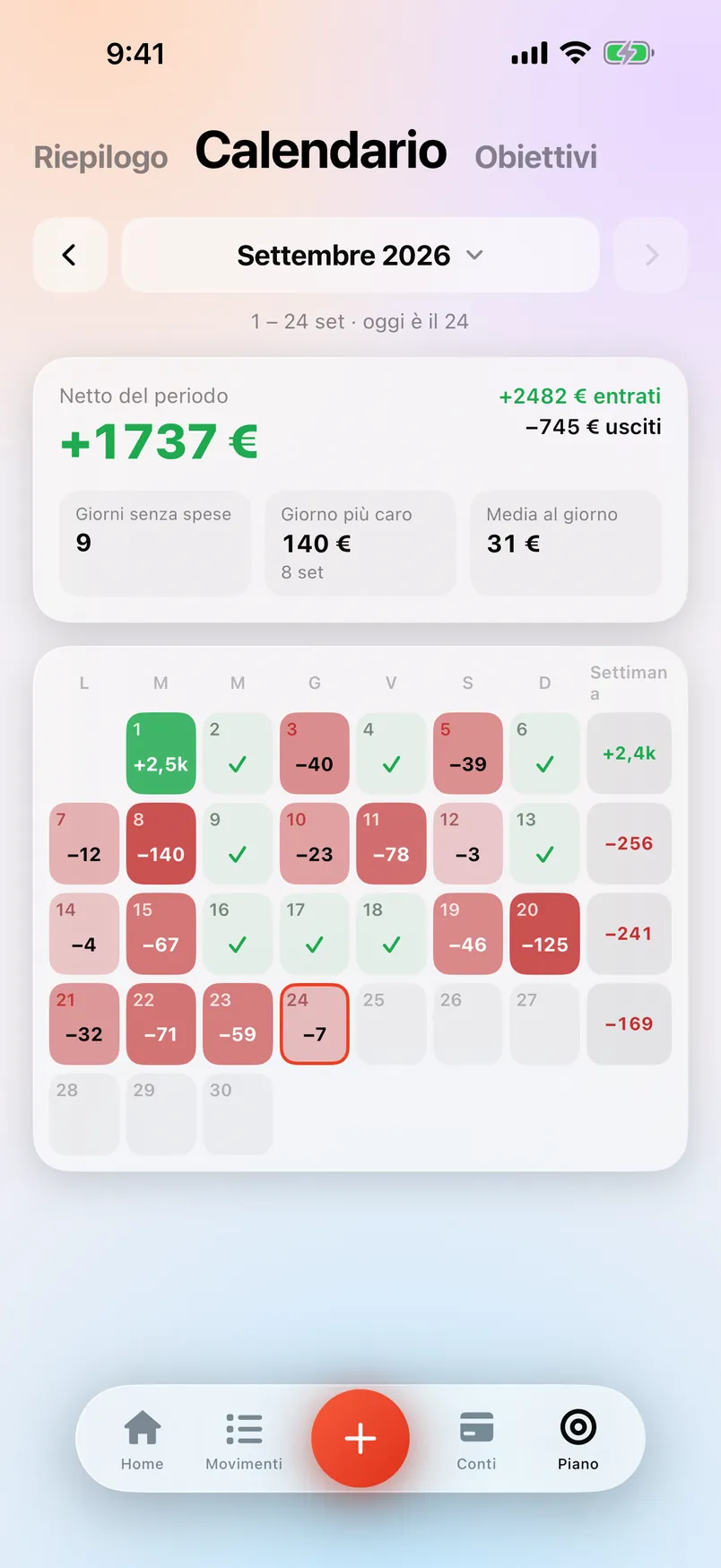 La schermata Calendario di Countey con ogni giorno del mese.