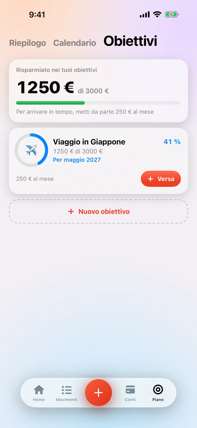 La schermata Obiettivi di Countey con un obiettivo di risparmio.