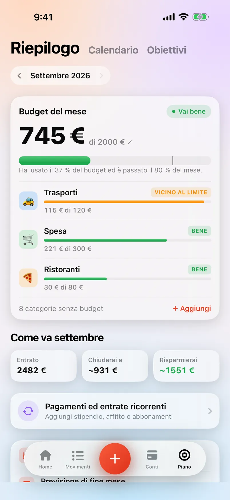 La schermata Riepilogo di Countey con il budget del mese per categoria.