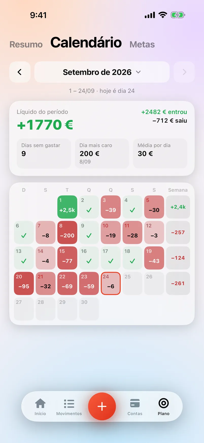 O ecrã Calendário do Countey com cada dia do mês.