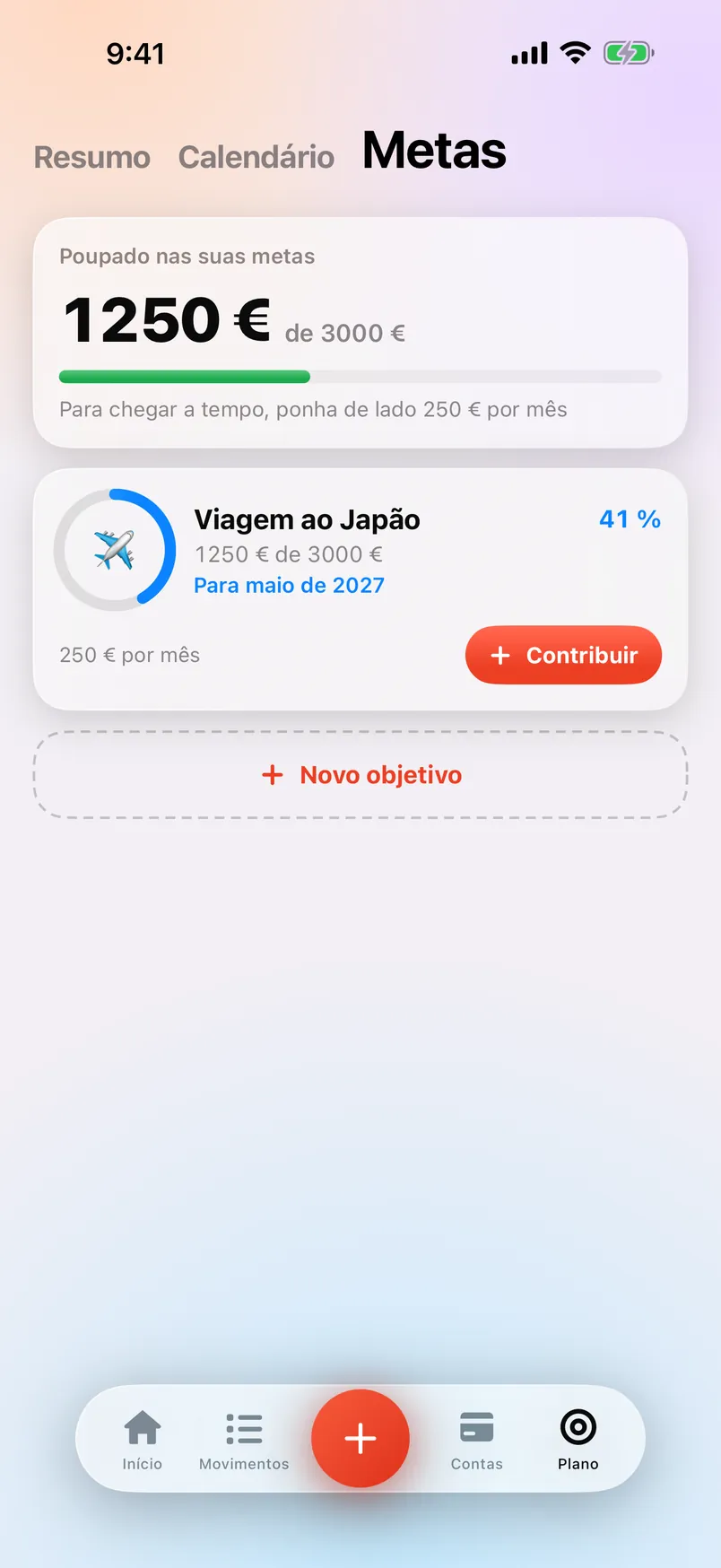 O ecrã Metas do Countey com uma meta de poupança.