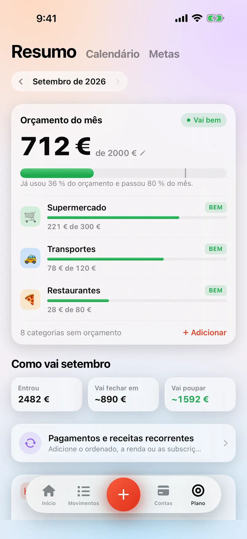 O ecrã Resumo do Countey com o orçamento do mês por categoria.